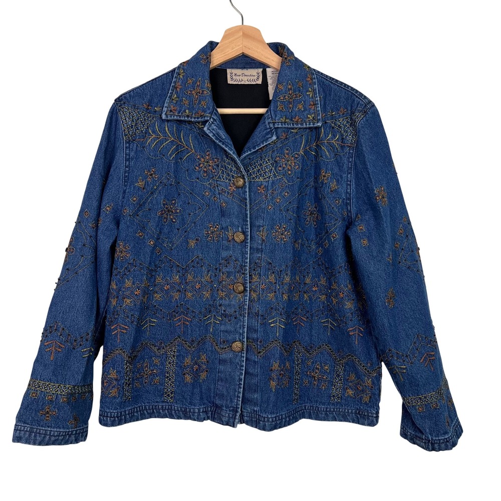 New Direction VTG Womens Medium Blue Denim Embroidered Beaded Boho Jacket Lined